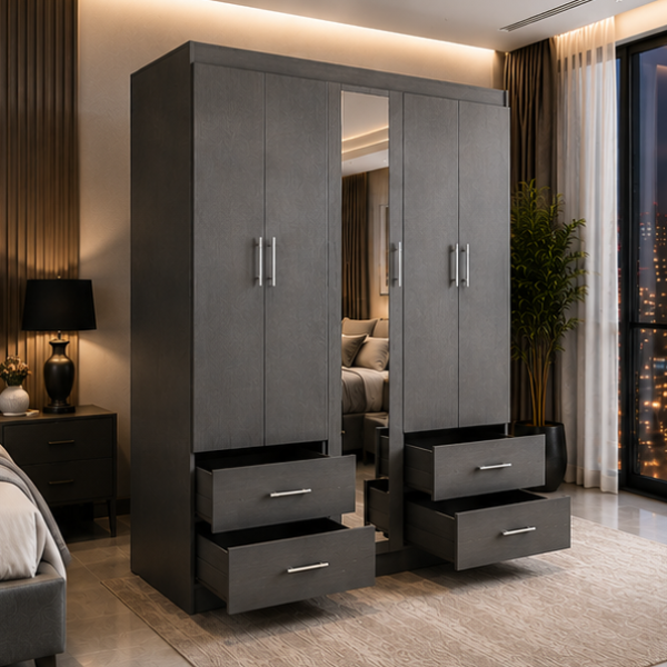 Wardrobe with Mirror & Drawer - 5 Door Wooden Wardrobe