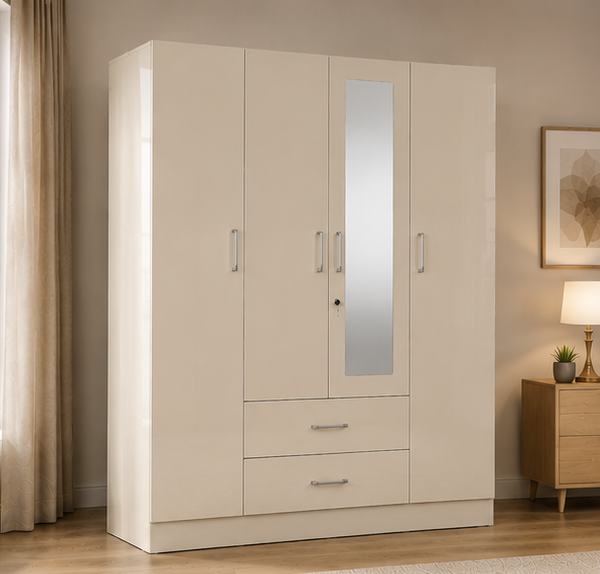 4 Door Wardrobe with 1 Mirror & 2 Drawers - Elegant 4 Door Wardrobe with Storage Drawers