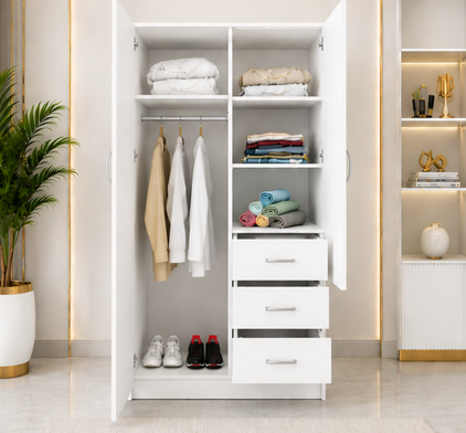 Elegant Wooden 2 Door Wardrobe with 3 Drawers & Mirror - 2 Doors  Wardrobe with White Colour