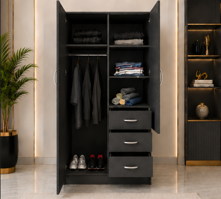 Premium Wooden Wardrobe with 2 Doors, 3 Drawers & Mirror - 2 Doors  Wardrobe with Black Colour