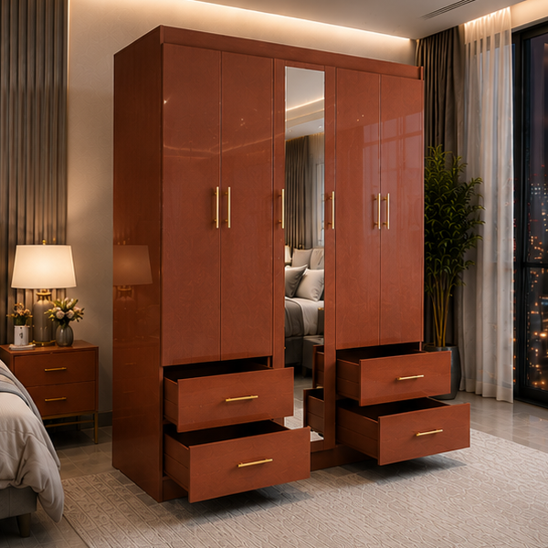 Stylish 5 Door Wardrobe with 4 Drawers and 1 Mirror