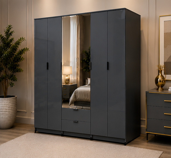 Modern Royal Wardrobe with Mirror Doors - Modern Classic 6 Door Wardrobe with Mirror Storage