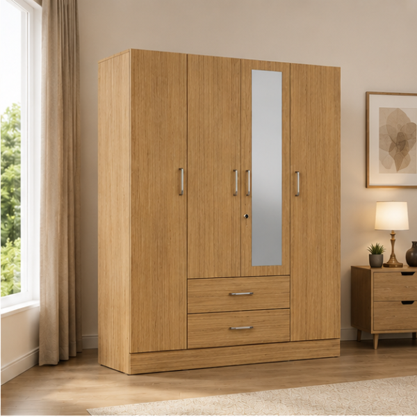 Wardrobe with Drawers and Mirrors - 4 Door Wardrobe - 4 Door Wardrobe with Mirror - Modern Bedroom Wardrobe