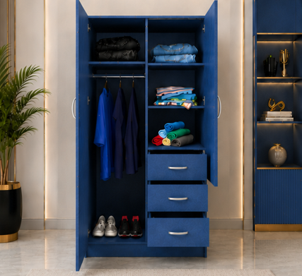 Premium Wooden Wardrobe with 2 Doors, 3 Drawers & Mirror - 2 Doors  Wardrobe with Bleu Colour