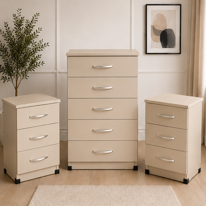 Stylish Bedroom Organizer – 5 Chest of Drawer+ 2 Bedside Tables - Chest of 5 Drawers
