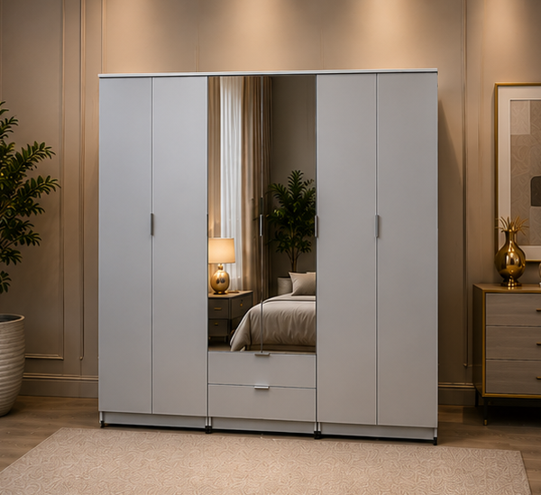Stylish Royal 6 Door Wardrobe with 2 Mirrors - Two Storage Drawers