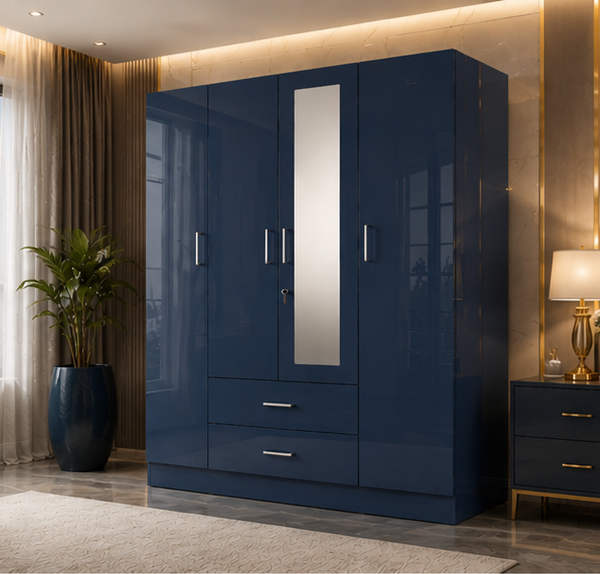 4 Door Wardrobe - Wardrobe with 1 Mirrors - Stylish 4 Door Wardrobe With Two Drawers