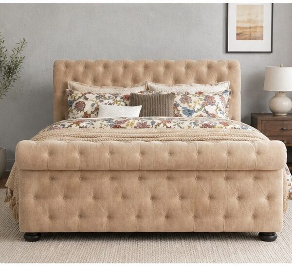 Sleigh King Size Bed Velvet – Luxury Upholstered Bed