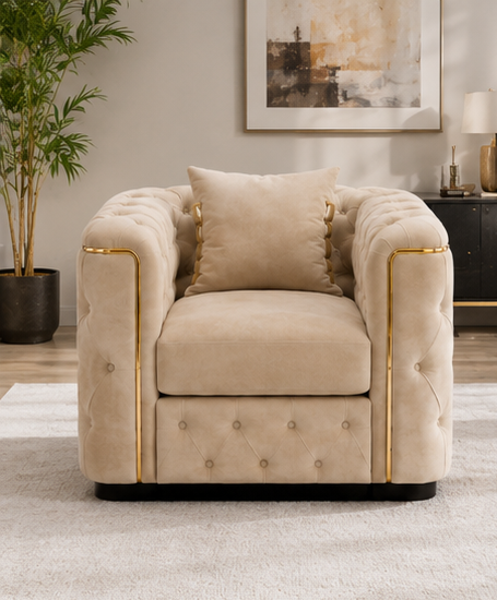 Modern Chesterfield Accent Chair -  Warm Beige Tones, Effortless Luxury