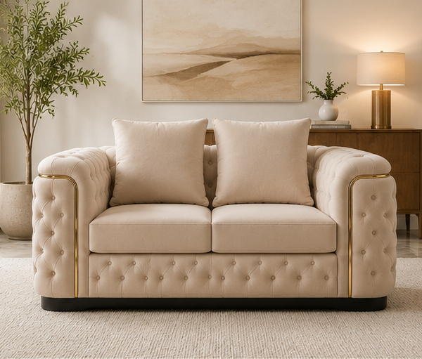 Luxury Beige Tufted Loveseat - Elegant Beige Sofa with Gold Accents