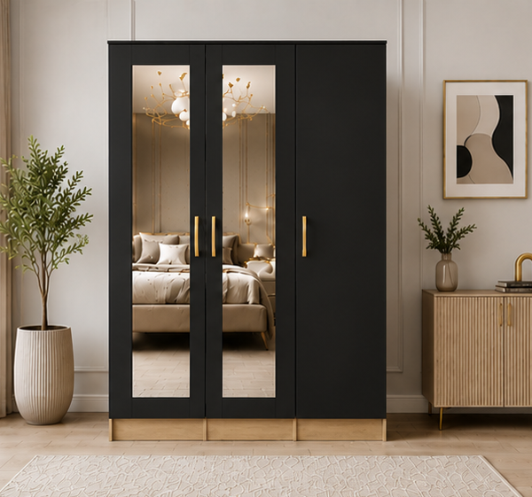 3 Door Wardrobe with Mirror – Large Bedroom Storage Cabinet, Hanging Space & Shelves in black with oak wardrobe