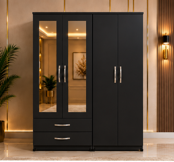 Elegant black 4 door Wardrobe with two Drawers and Dual Mirrors