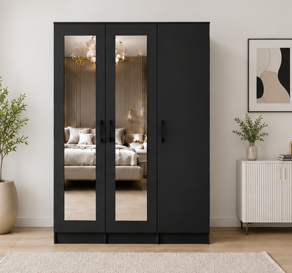 Modern 3 Door Wardrobe with Full-Length Mirror | Large Bedroom Storage Closet Cabinet | Premium Wooden Wardrobe