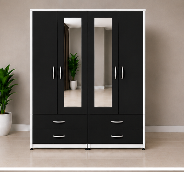 Luxury black & white Bedroom Wardrobe with 4 Drawers, 2 mirror