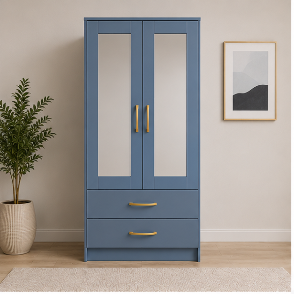 Modern Wooden 2 Door Half Mirror Wardrobe with blue colors