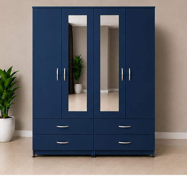 premium blue Bedroom Wardrobe – 4 Doors, 4 Drawers & 2 Mirrors