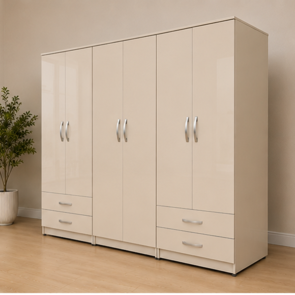 Large Six Door Bedroom Wardrobe - Double Bottom Drawers