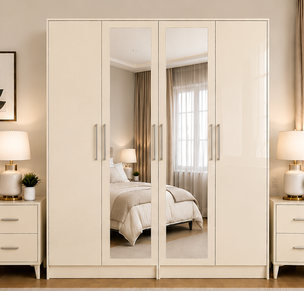 Durable 4 Door Wardrobe with Mirror Finish - Wooden Wardrobe 4 Door with Mirrors