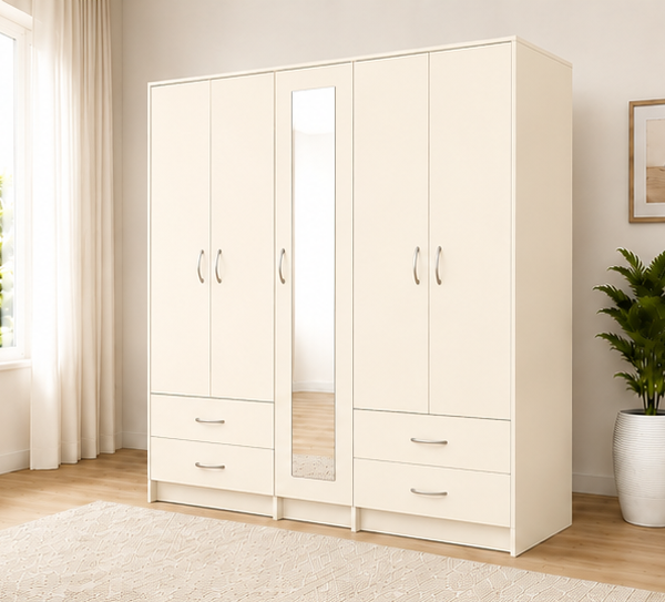 Elegant 5 Door Mirrored Wardrobe with Multiple Shelves, Hanging Rails and Deep Storage Drawers