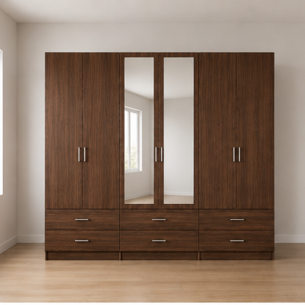 Large Capacity walnut 6 Door Wardrobe with dual Mirror 6 Drawers