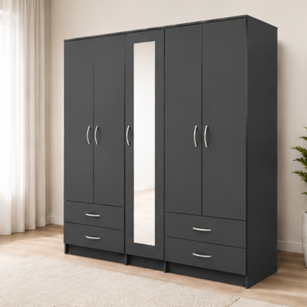 Spacious Modern Wardrobe for Bedroom with Full Mirror, Hanging Sections and Drawer Storage