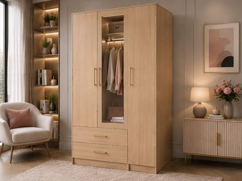 Elegant Closet Organizer with Drawers and Mirror - Large Capacity Triple Door Wardrobe with Mirror