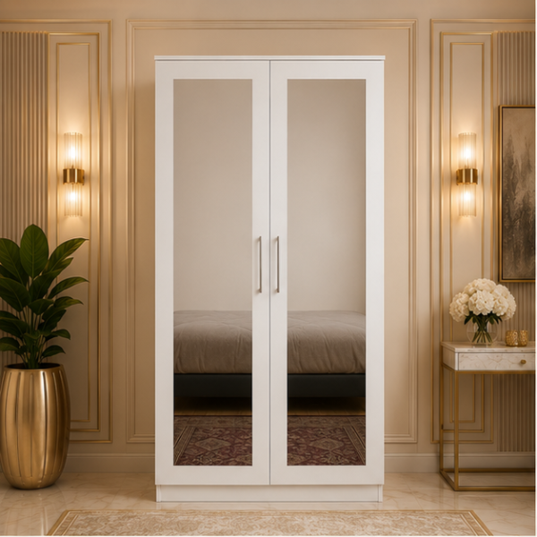 Modern White 2 Door Wardrobe with Dual Full-Length Mirrors