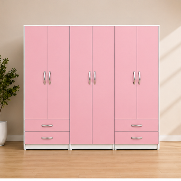 Luxury 6 Door Pink Wardrobe - Bottom Double Drawers