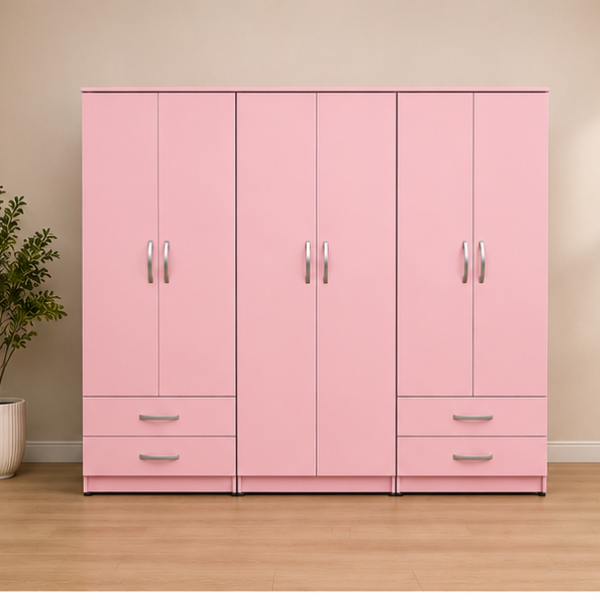 Family Size Six Door Pink Wardrobe - Bottom Twin Drawers
