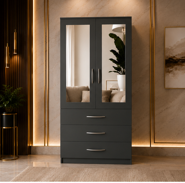 Modern Dark Grey 2 Door Mirrored Wardrobe with 3 Drawers