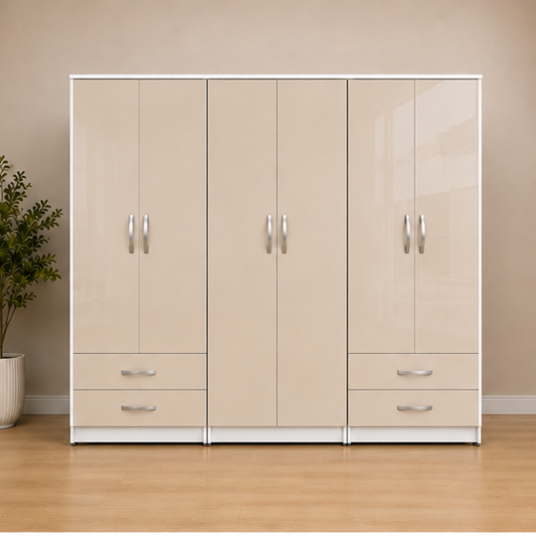 Modern Storage Cashmere Gloss Wardrobe - 6 Doors & Double Drawers