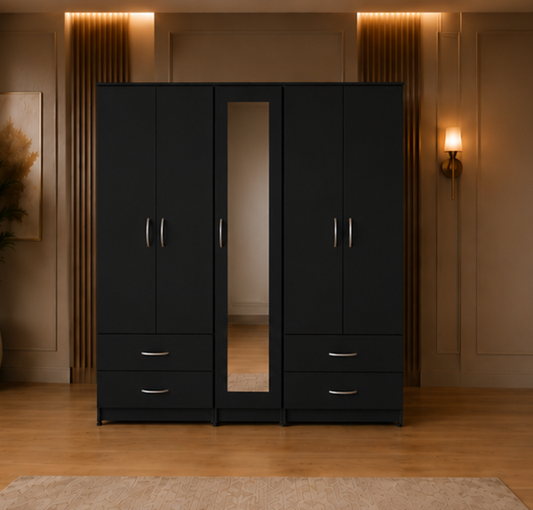 Modern  Black 5 Door Wardrobe with Elegant Mirror Door & Extra Storage Drawers