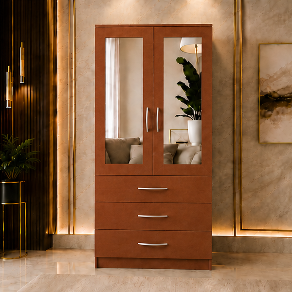 Modern Walnut 2 Door Mirrored Wardrobe with 3 Drawers