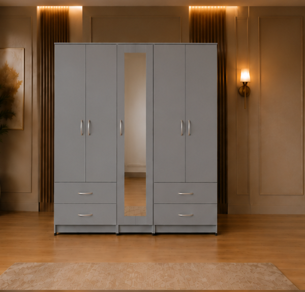 Light Grey 5 Door Wardrobe with Mirror Door & Bottom Drawers