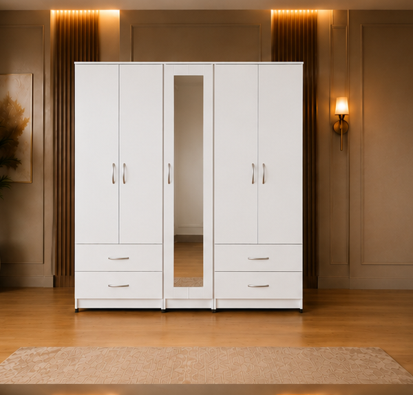 Contemporary White 5 Door Wardrobe with Center Mirror & Spacious Drawer Storage