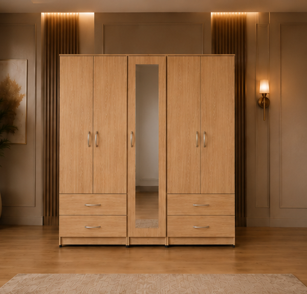 Smart Storage 5 Door Oak Wardrobe with Full-Length Mirror & Drawer Unit