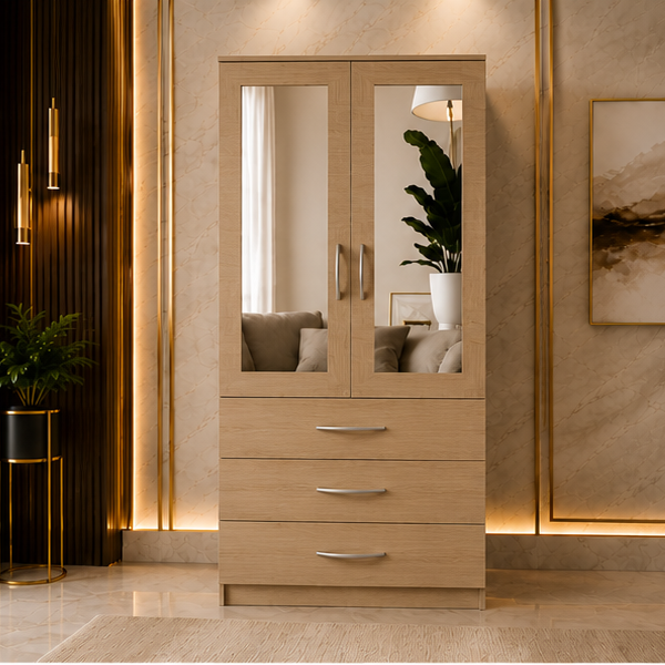 Modern Light Brown 2 Door Mirrored Wardrobe with 3 Drawers