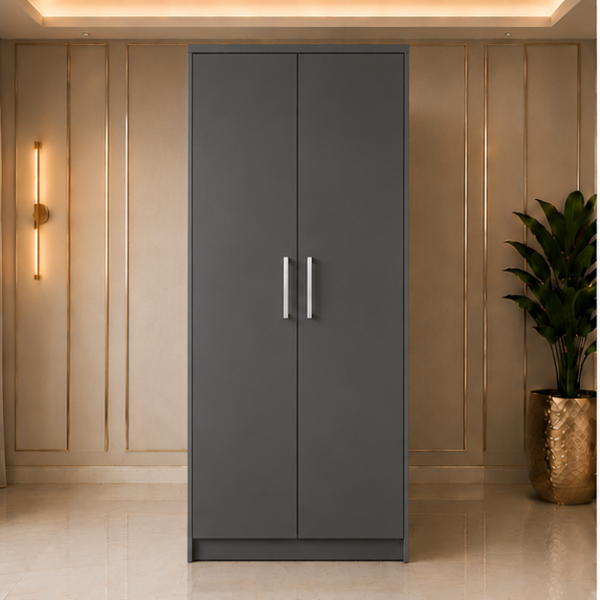 Elegant 2 Door Storage Wardrobe with Hanging Space with dark grey colors