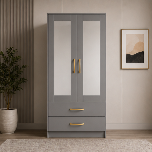 Space Saving 2 Door Wardrobe with Mirror Doors with grey colors