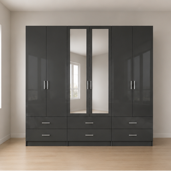 Grand grey 6 Door Wardrobe with 2 Mirrors and 6 Drawer Storage