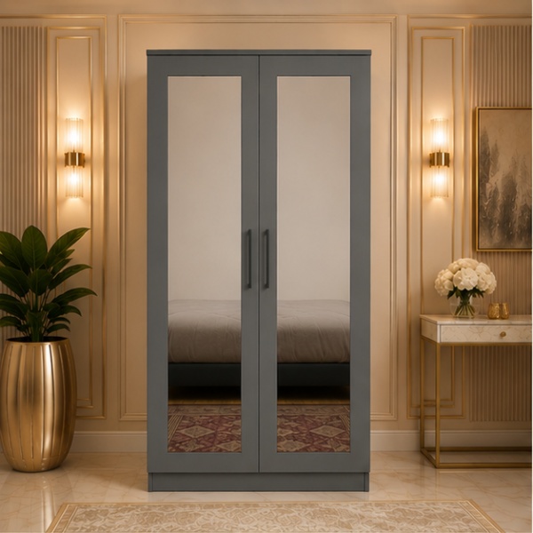 Modern Iron Grey 2 Door Wardrobe with Dual Full-Length Mirrors