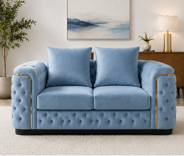 Coastal Breeze Velvet Loveseat - Azure Elegance Tufted Accent Sofa