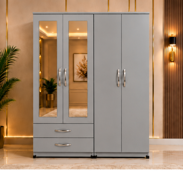 Stylish Light Grey 4 door Wardrobe – 2 Drawers and 2 Mirrors
