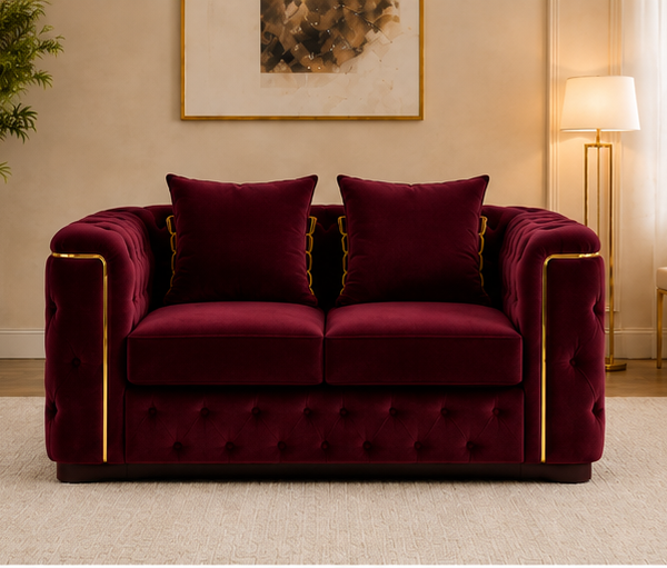 Crimson Elegance Designer Sofa - Ruby Royale Velvet Loveseat