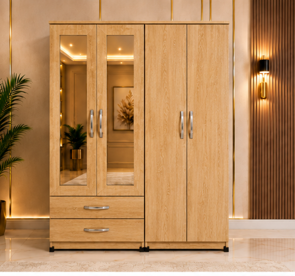Premium oak 4 door Wardrobe with 2 Drawers & 2 Mirrors