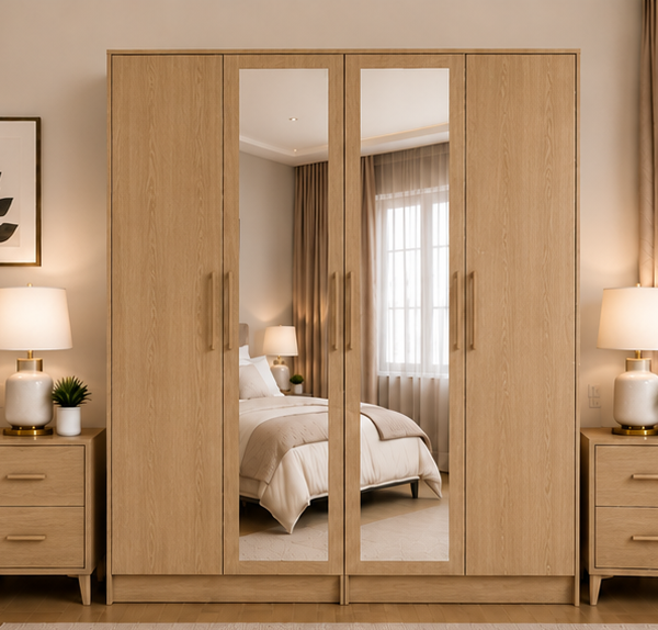 Contemporary 4 Door Wardrobe with Mirror Design - Large Storage 4 Door Wardrobe