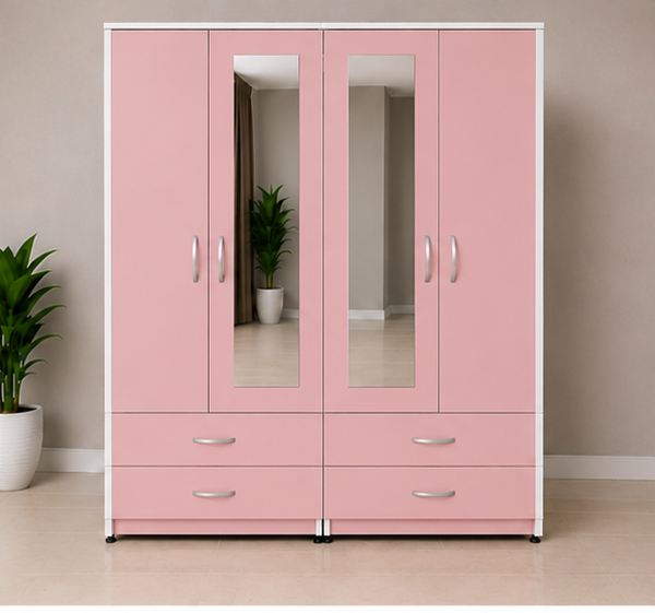 Luxury pink & white 4 Door Wardrobe with 4 Drawers & 2 Mirrors