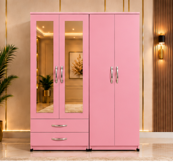 Luxury pink 4 door Wardrobe with Dual Mirrors and 2 Drawers