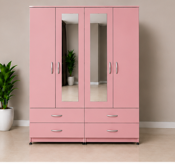 Elegant pink 4 Door Wardrobe with 4 Drawers and Dual Mirrors