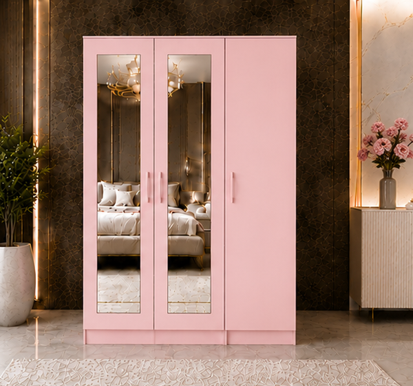Stylish 3 Door Mirror Closet for Home with pink colors wardrobe